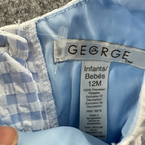 George Infants 12M Blue Gingham Seersucker Floral Special Occasion Dress - Picture 3 of 4